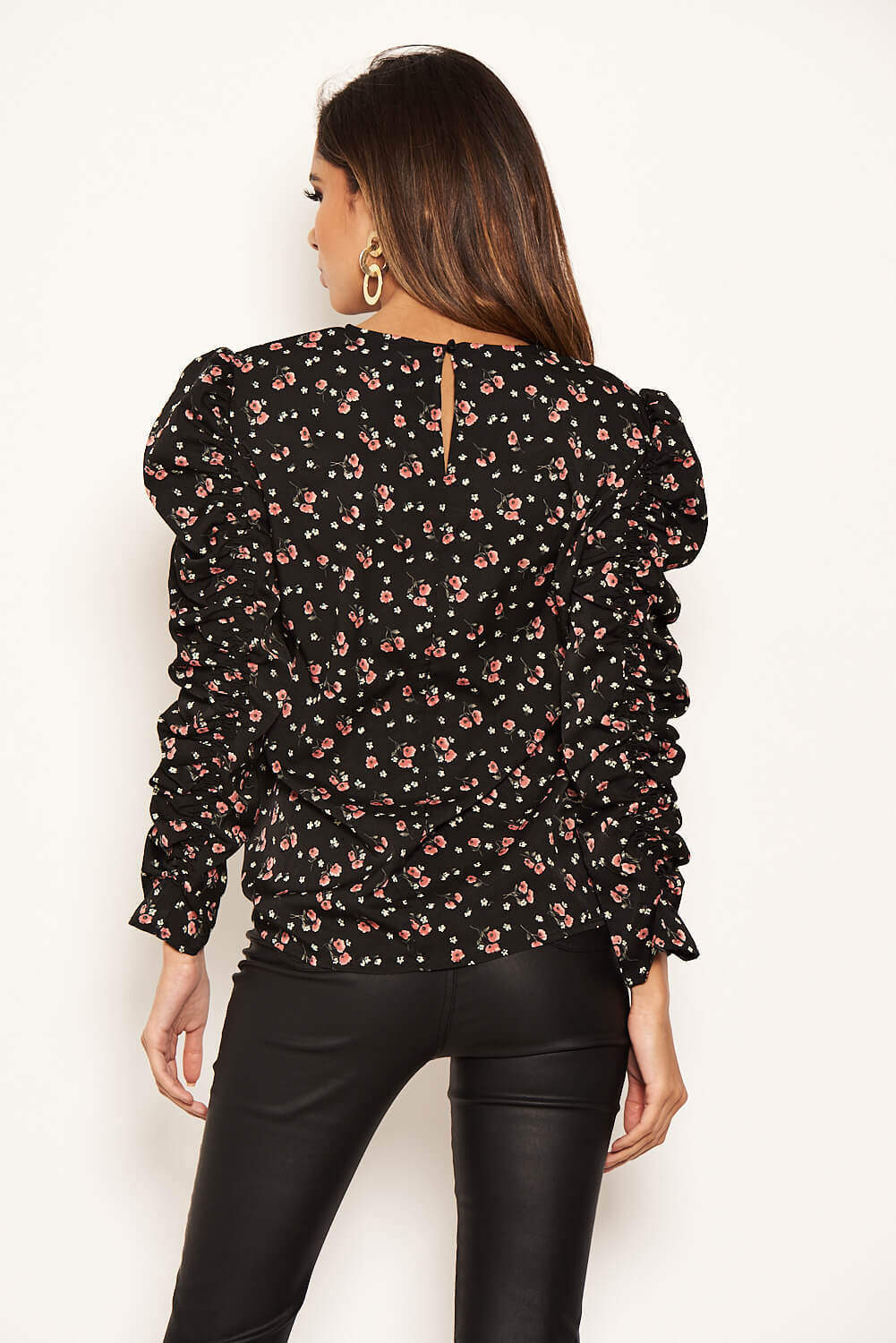 Black Floral Ruched Sleeves top