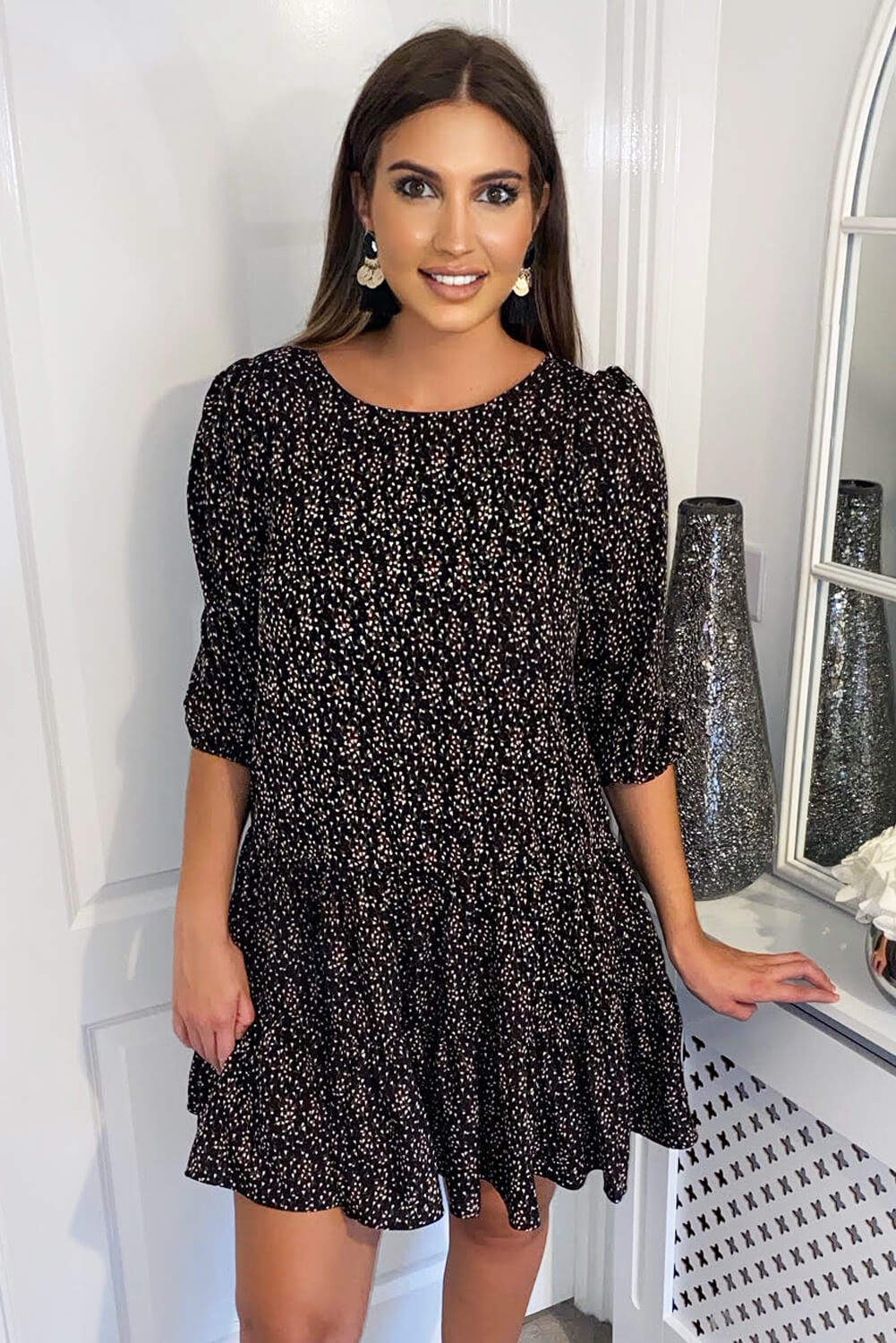 Black Ditsy Floral Frill Swing Dress