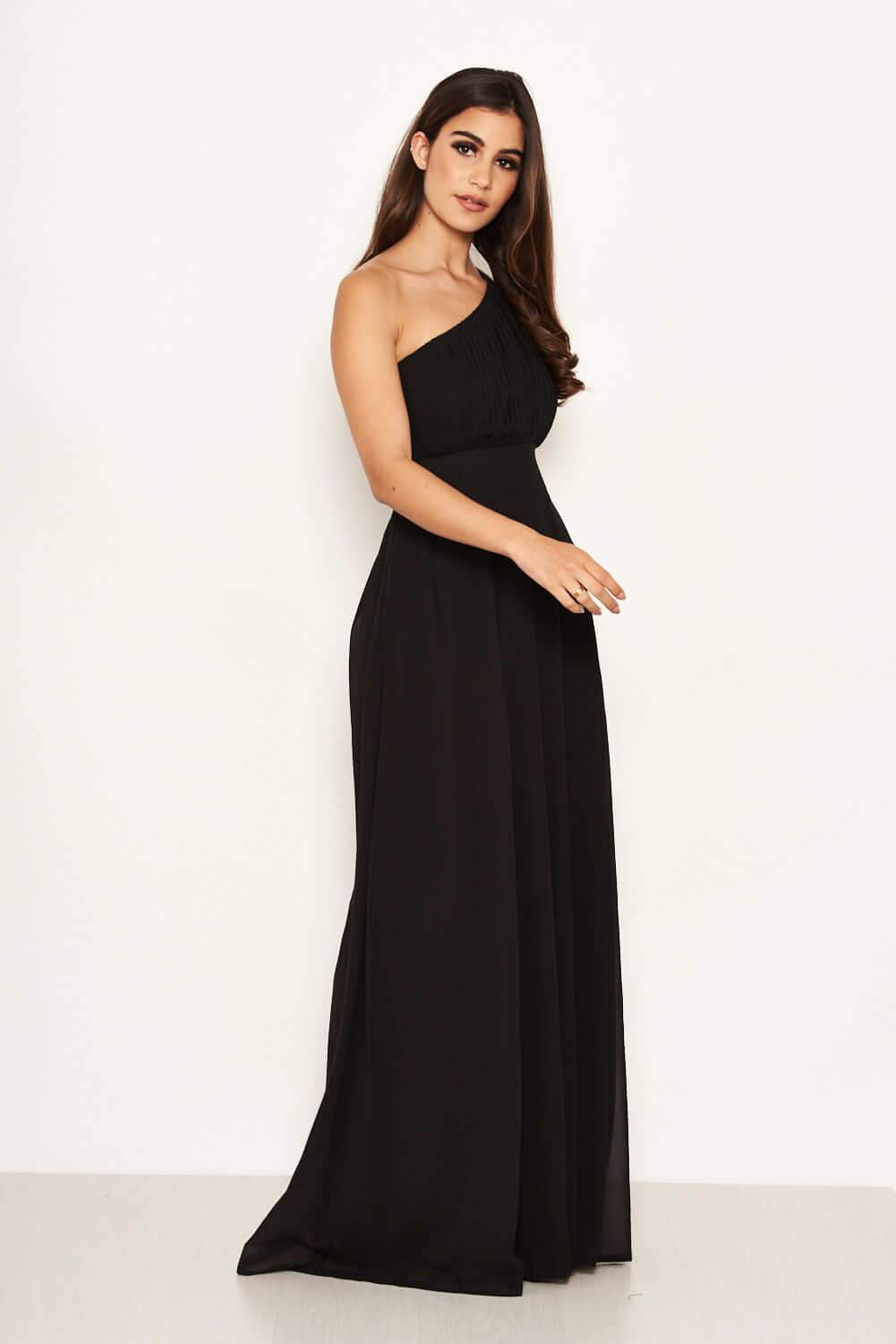Black One Shoulder Pleated Maxi Dress