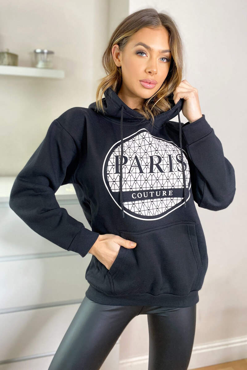 Black Paris Printed Hoodie