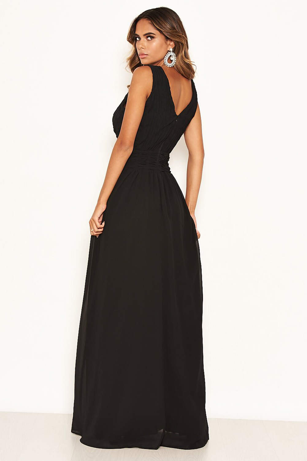 Black Pleated V Neck Maxi Dress