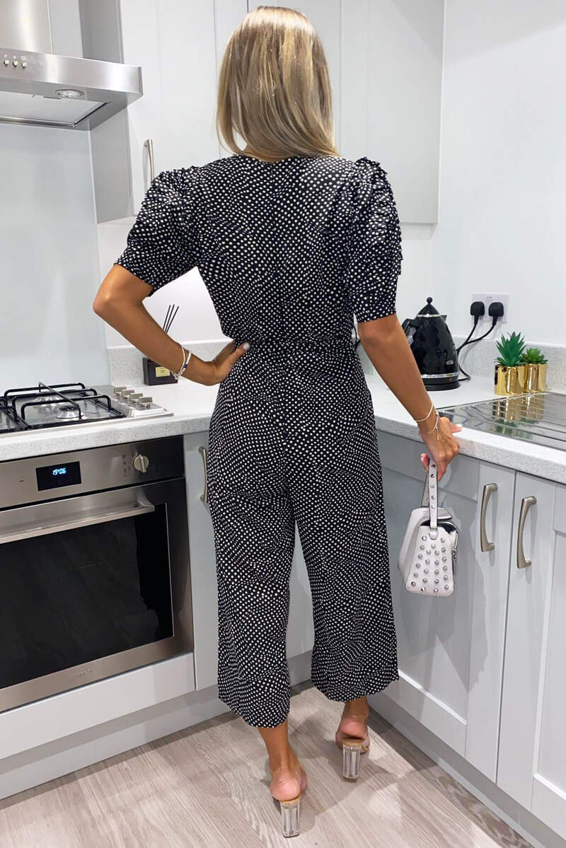 Black Polka Dot Frill Cuff Sleeve Jumpsuit