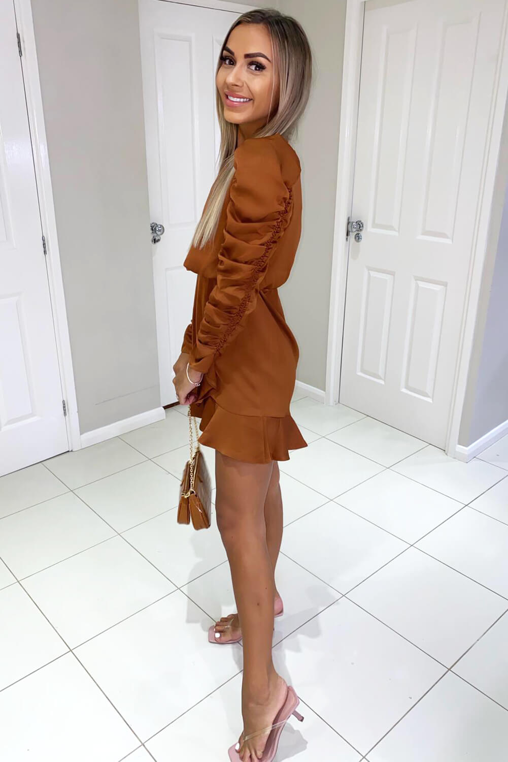 Rust Ruched Sleeve Skater Dress