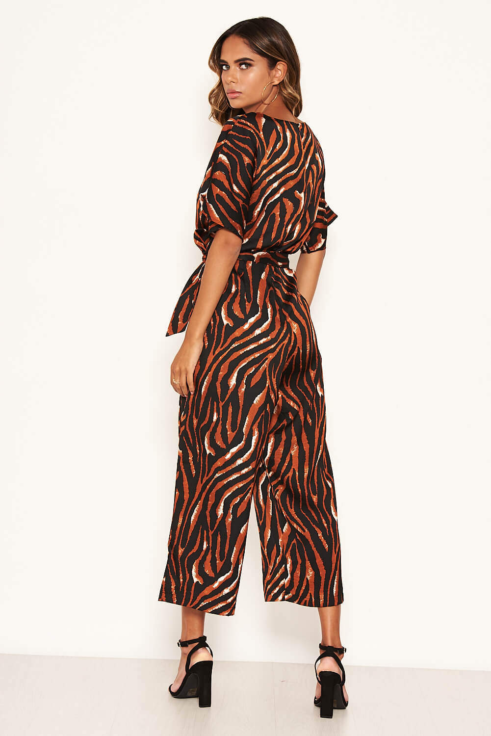 Tiger Print Belted Culotte Jumpsuit