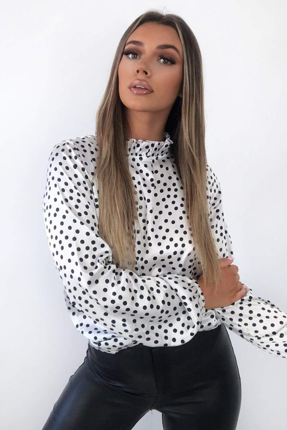 White Polka Dot Long Sleeve Top